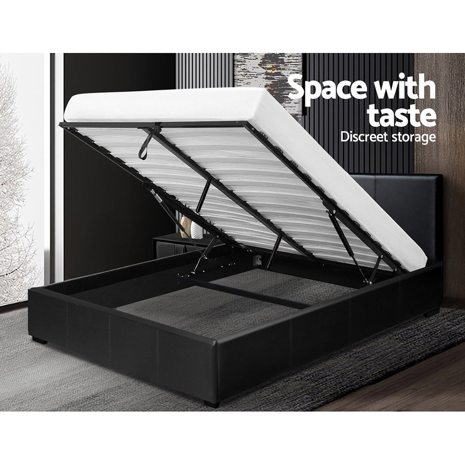Halston Leather Gas Lift Bed Frame – Black – Queen
