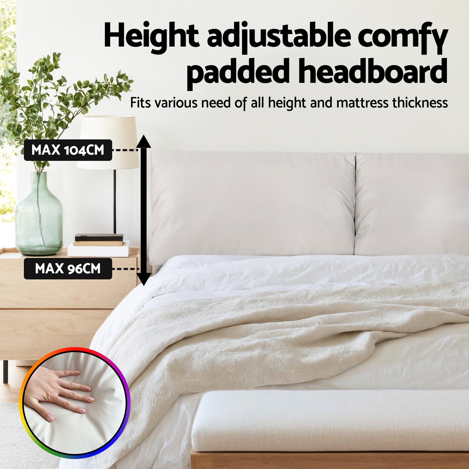 Kenzie Upholstered Bed Head – White – Queen