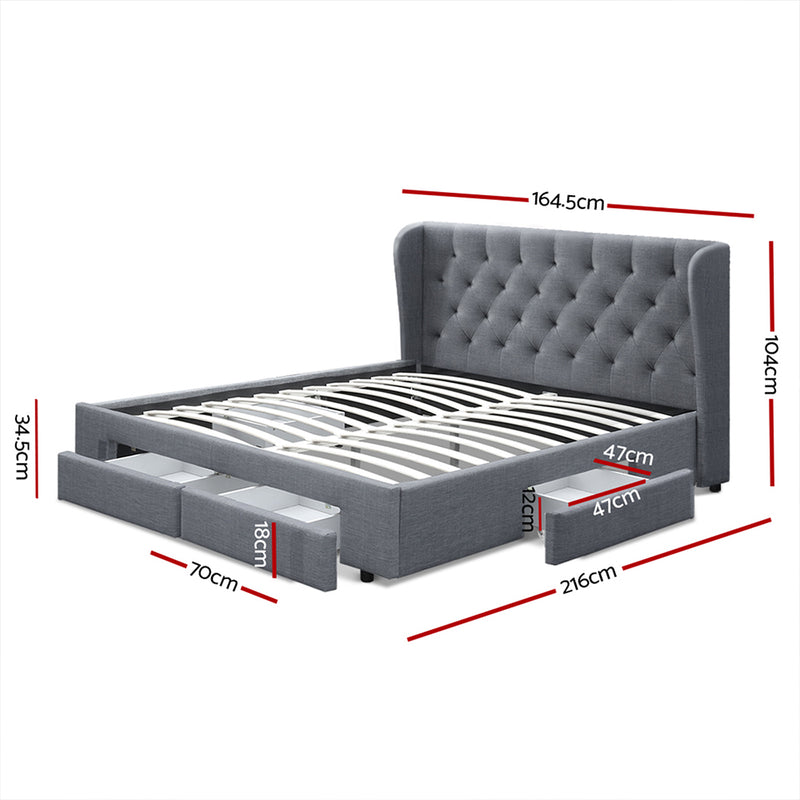 QUEEN Size - Linen Bed Frame with 4 Drawers - Grey