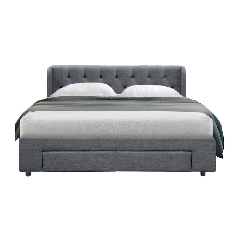QUEEN Size - Linen Bed Frame with 4 Drawers - Grey