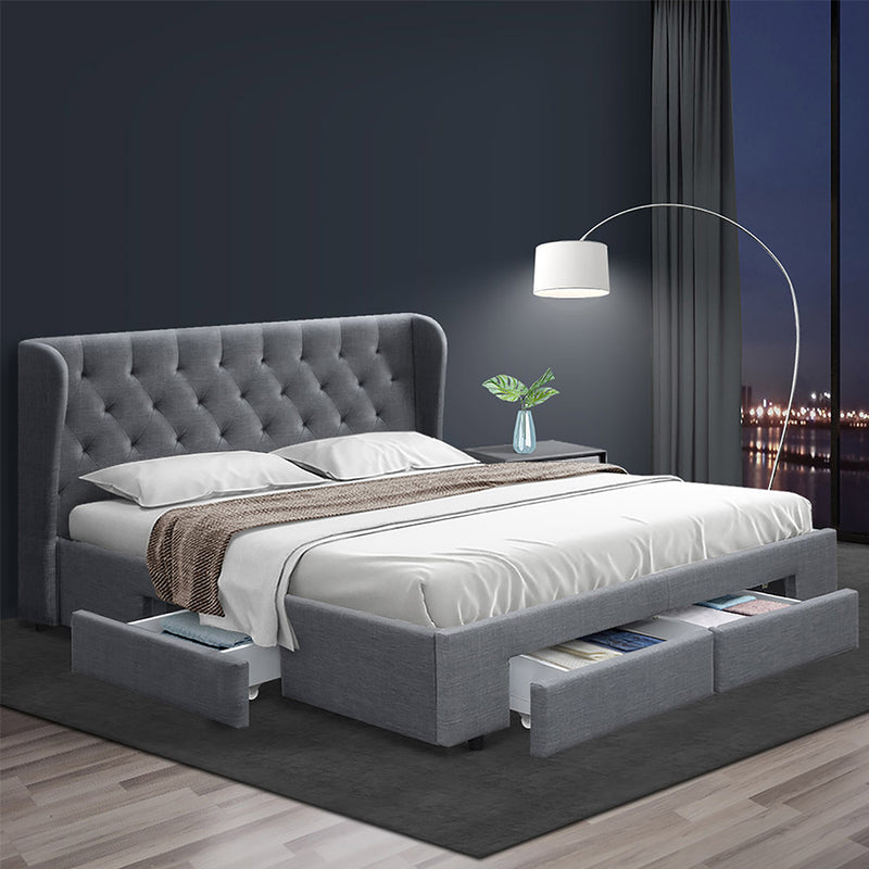 QUEEN Size - Linen Bed Frame with 4 Drawers - Grey
