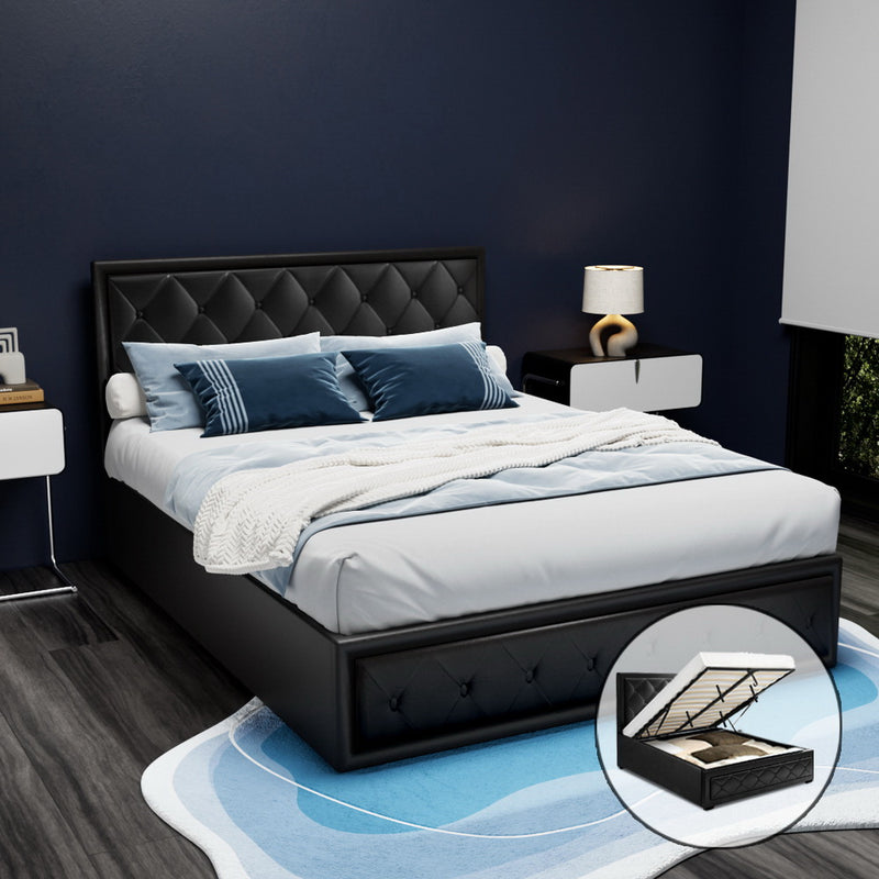 QUEEN Size - Leather Gas Lift Bed - Black