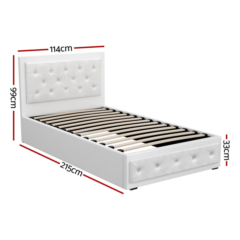 KING SINGLE Size - Leather Gas Lift Bed Frame - White