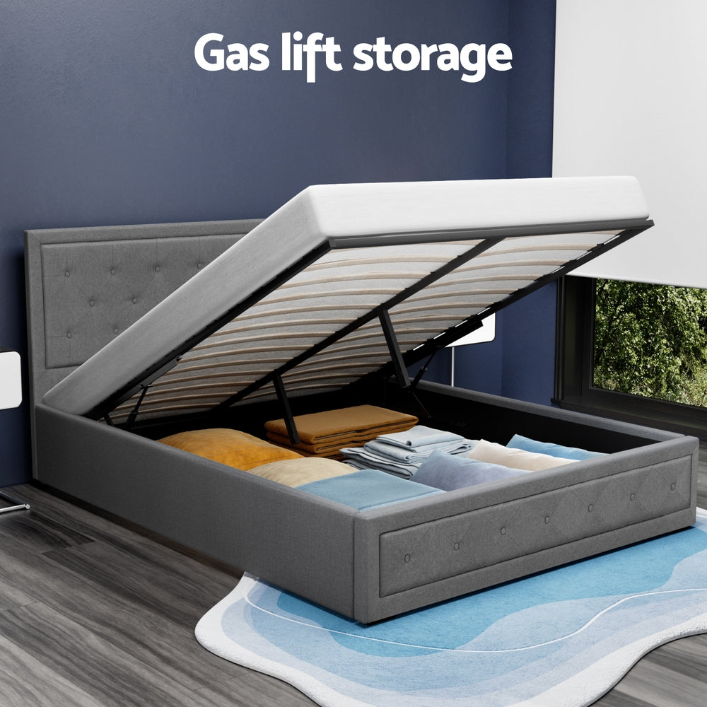 Tiyo Linen Gas Lift Bed Frame – Grey – Queen