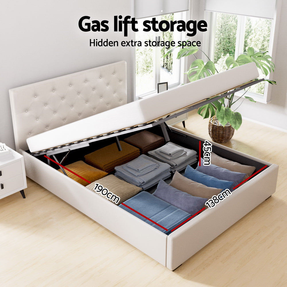 Vila Gas Lift Tufted Bed Frame – Beige – Double