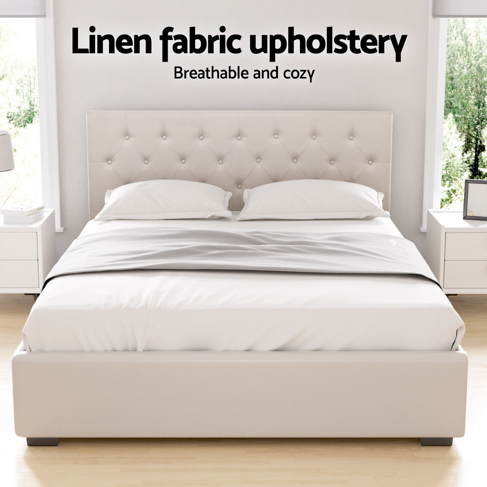 Vila Gas Lift Tufted Bed Frame – Beige – Queen