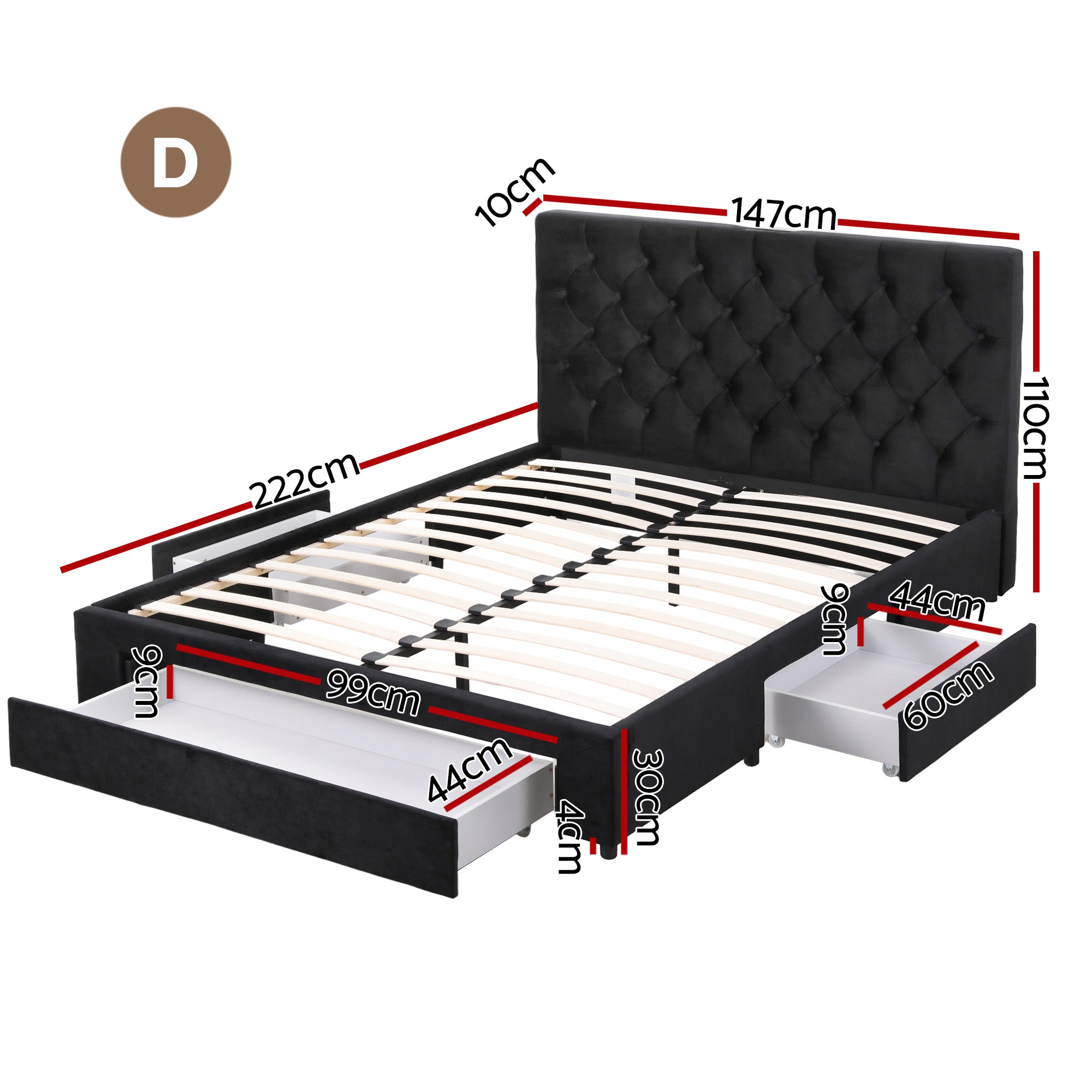 Luna Storage Bed Frame with Charging Station and 3 Drawers – Grey – Double