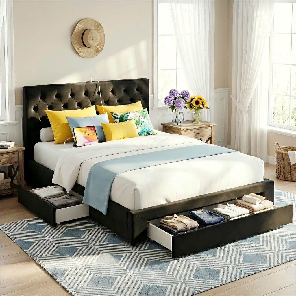 Linden Bed Frame Storage Charging Station Upholstered 3 Drawers USB Type - C – King