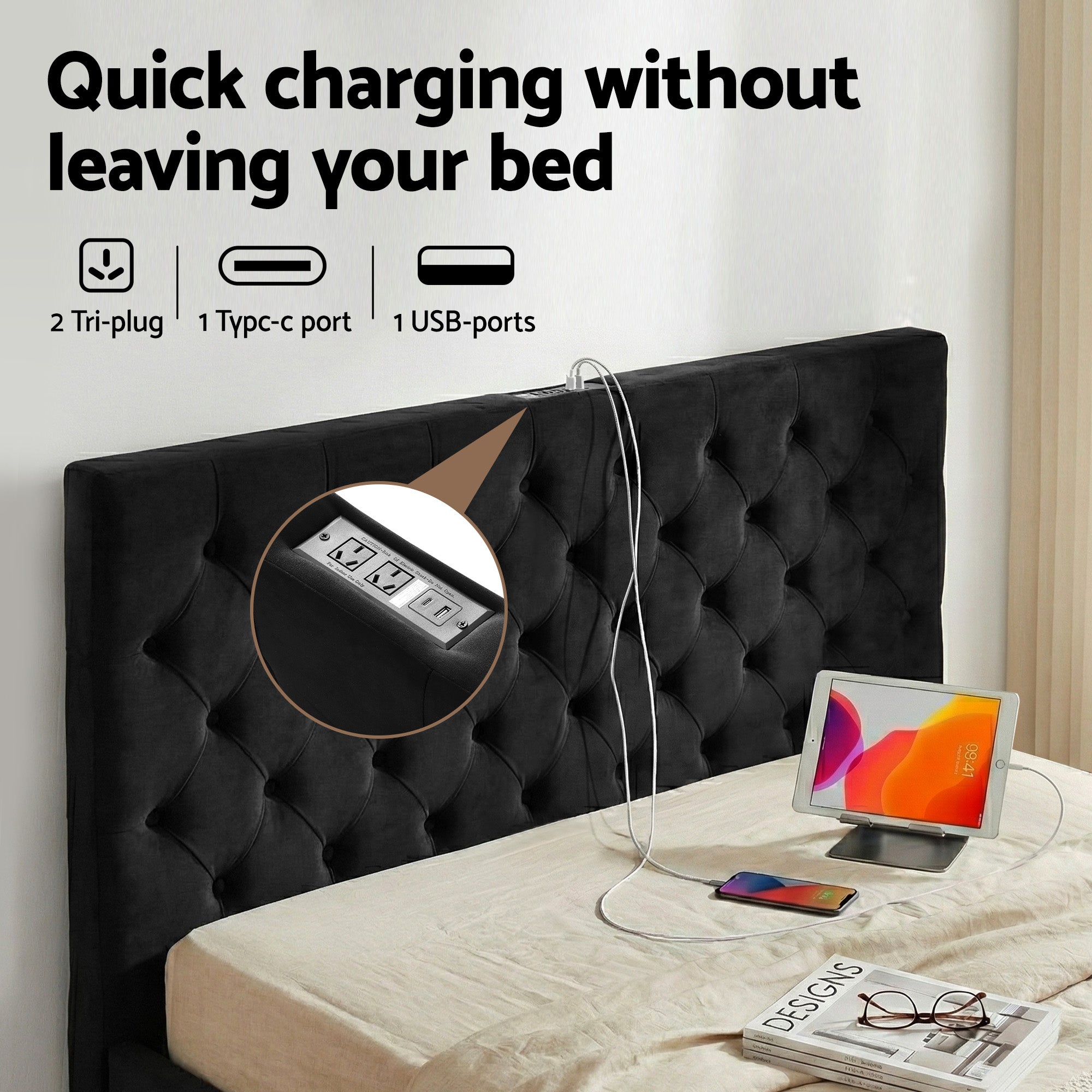 Luna Storage Bed Frame with Charging Station and 3 Drawers – Grey – Queen