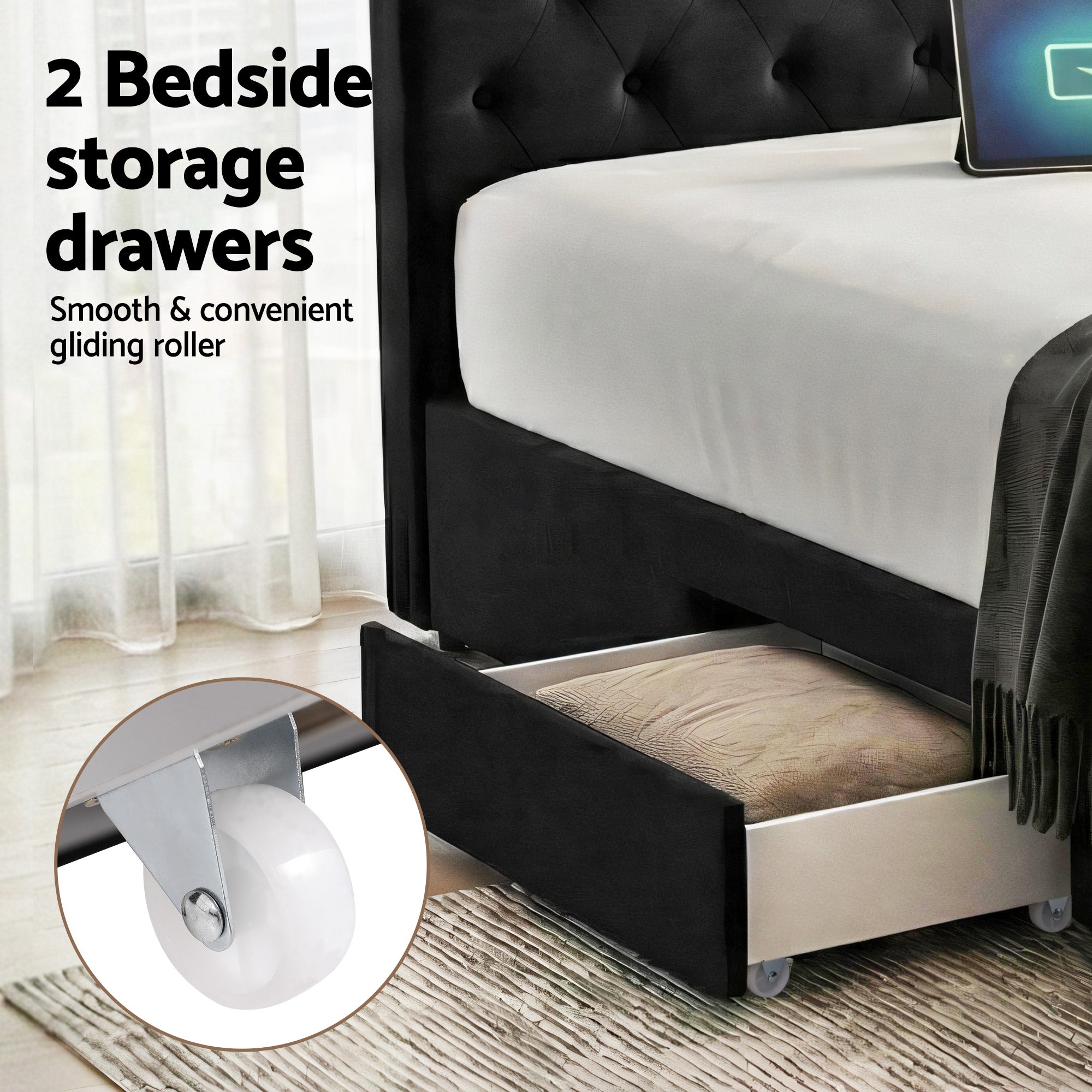 Luna Storage Bed Frame with Charging Station and 3 Drawers – Grey – Queen