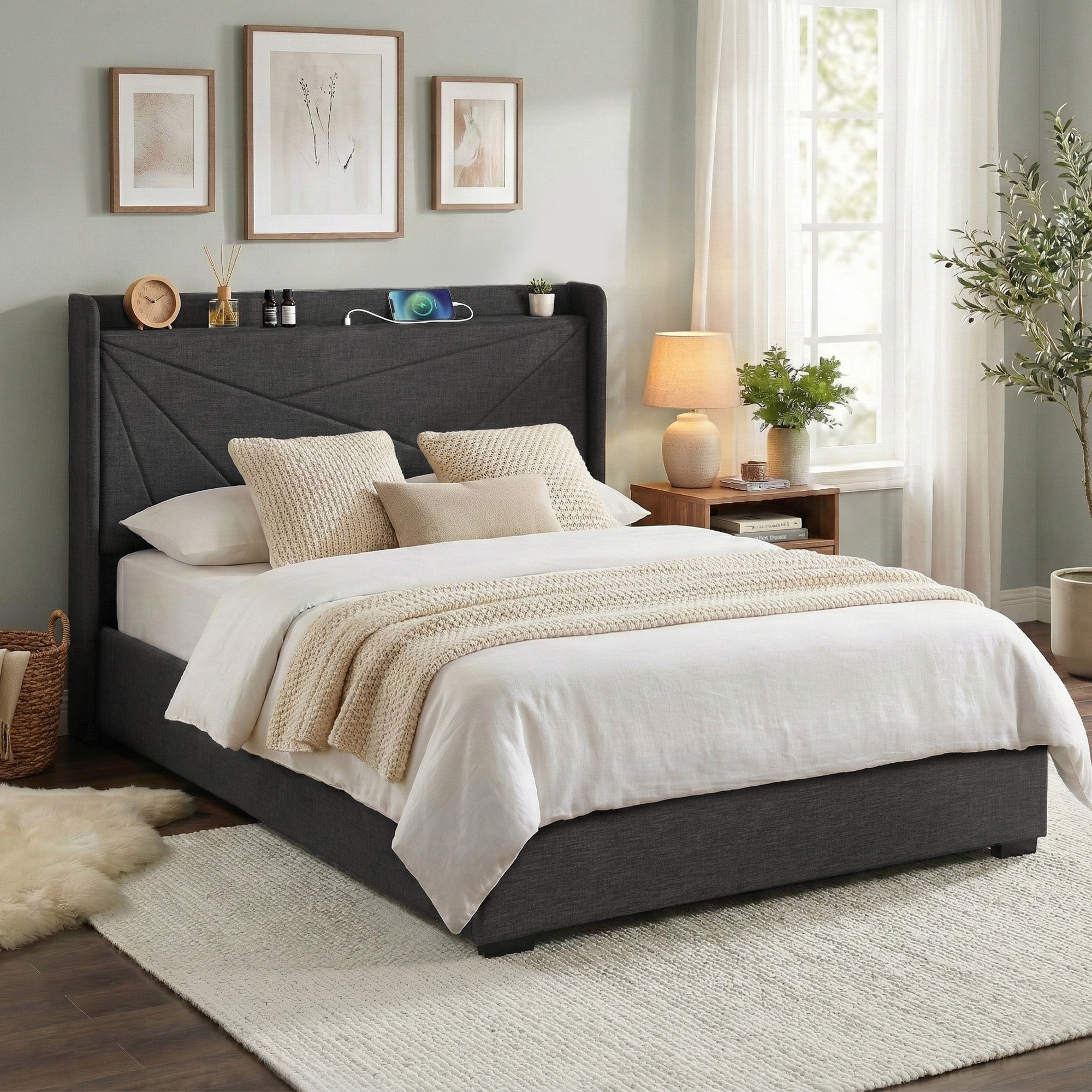 Linden Bed Frame Gas Lift Storage Bed with Charging Ports Upholstered Geometric Headboard Charcoal Grey – Double