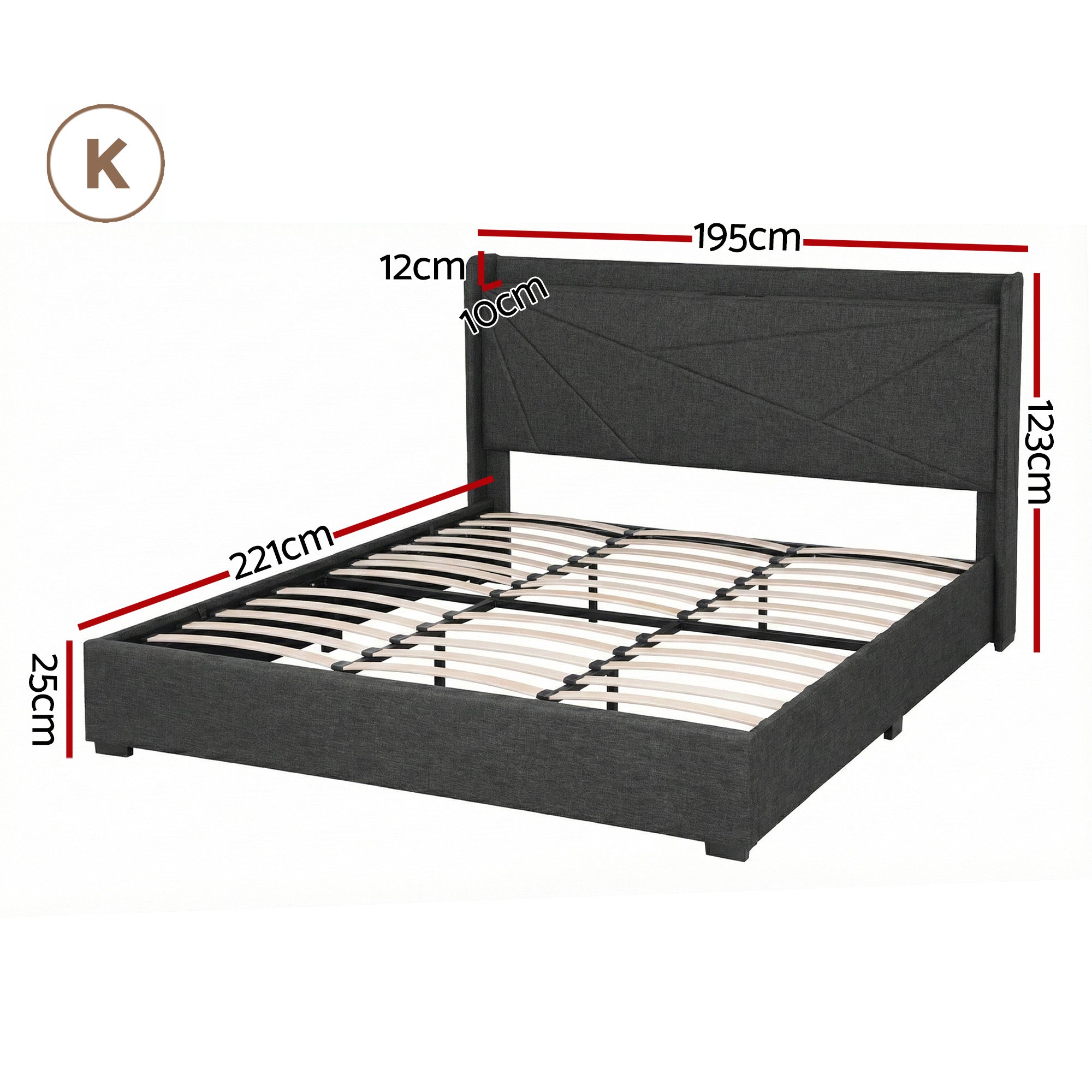 Morfei Gas Lift Storage Bed Frame with Charging Station – Charcoal Grey – King