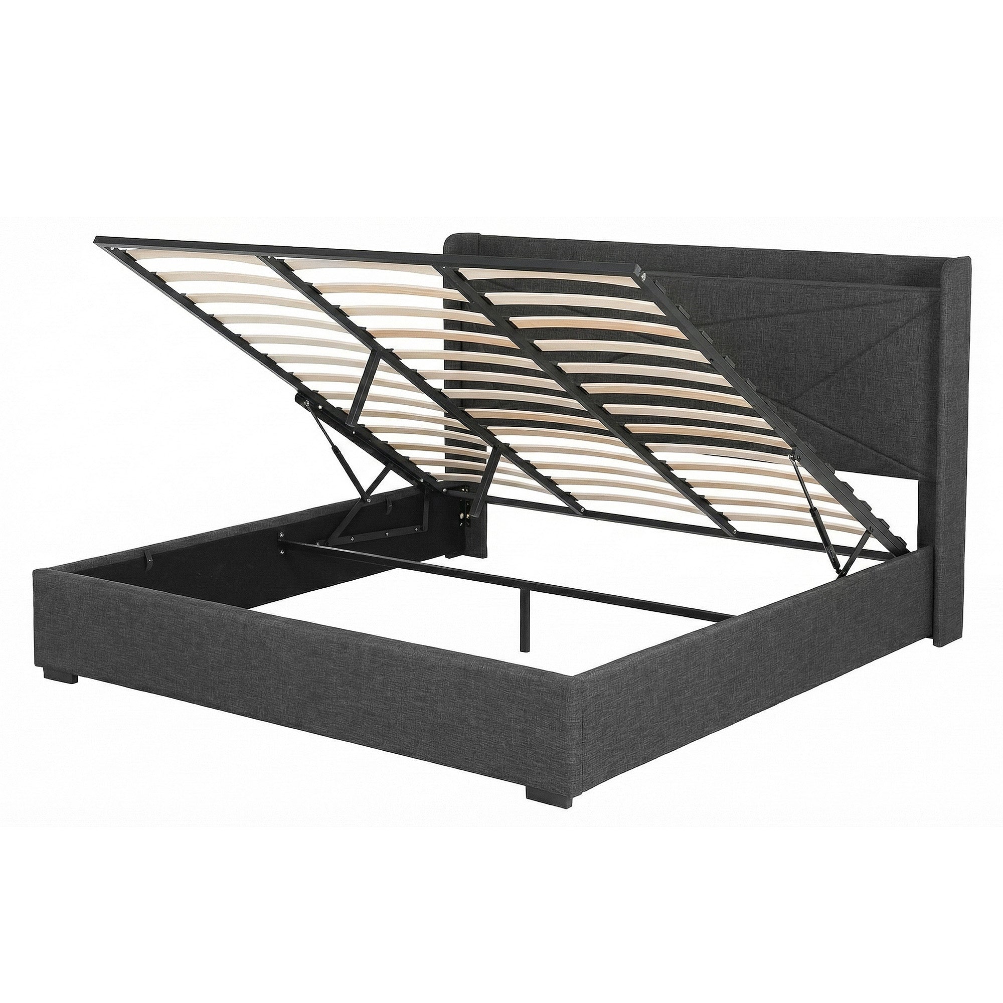 Morfei Gas Lift Storage Bed Frame with Charging Station – Charcoal Grey – King
