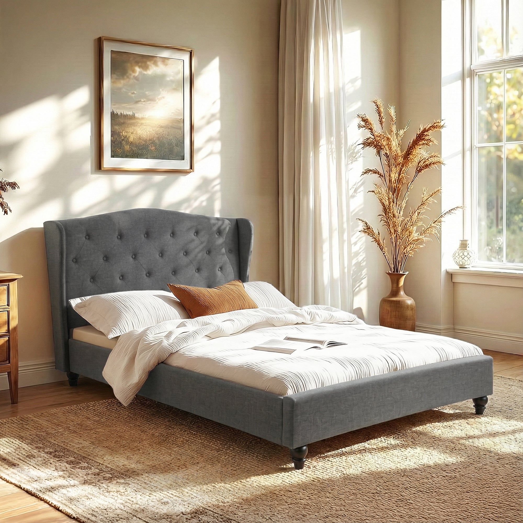 Nova Bed Frame with Wingback Headboard Grey Linen Upholstered Platform Bed Base – Double