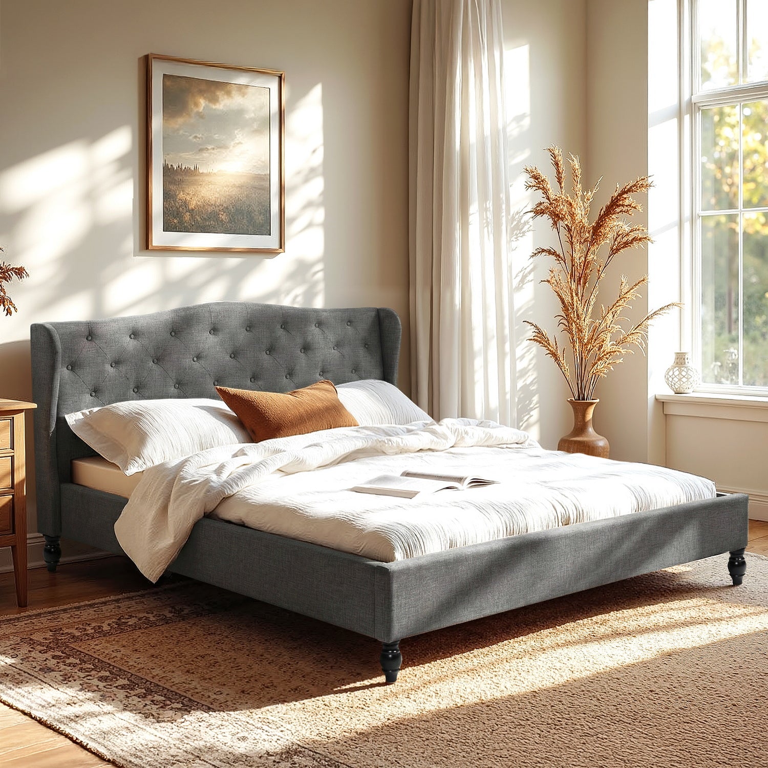 Nova Bed Frame with Wingback Headboard Grey Linen Upholstered Platform Bed Base – King