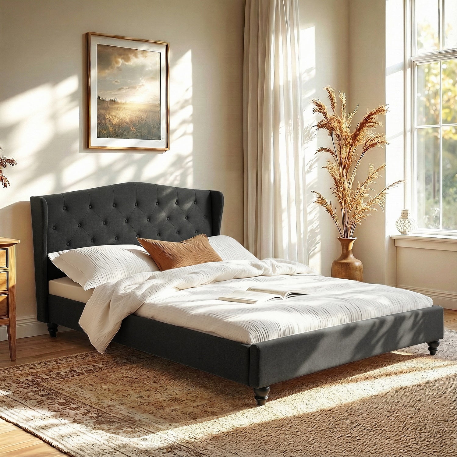 Atlas Bed Frame Wingback Headboard Charcoal Grey Linen Upholstered Platform Bed Base – Queen