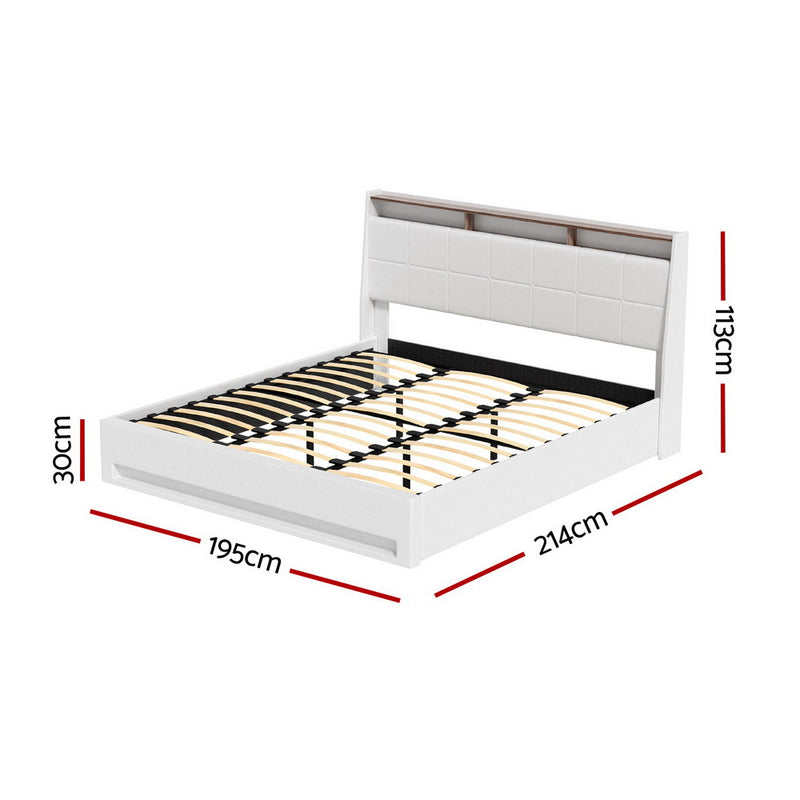 KING Size - Gas Lift LED Leather Bed Frame - White