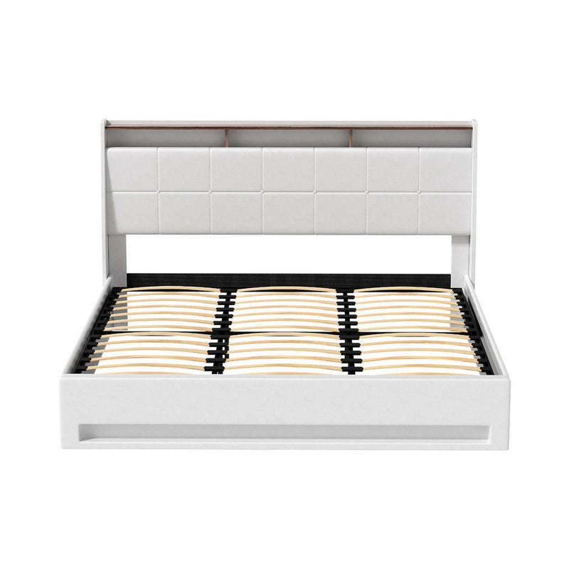 KING Size - Gas Lift LED Leather Bed Frame - White