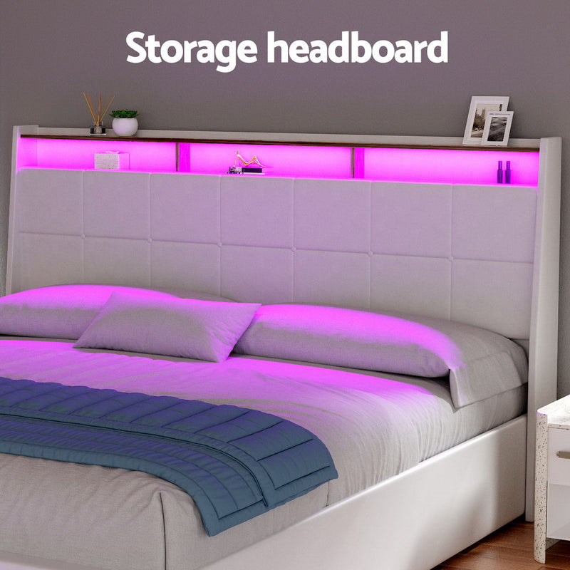 KING Size - Gas Lift LED Leather Bed Frame - White