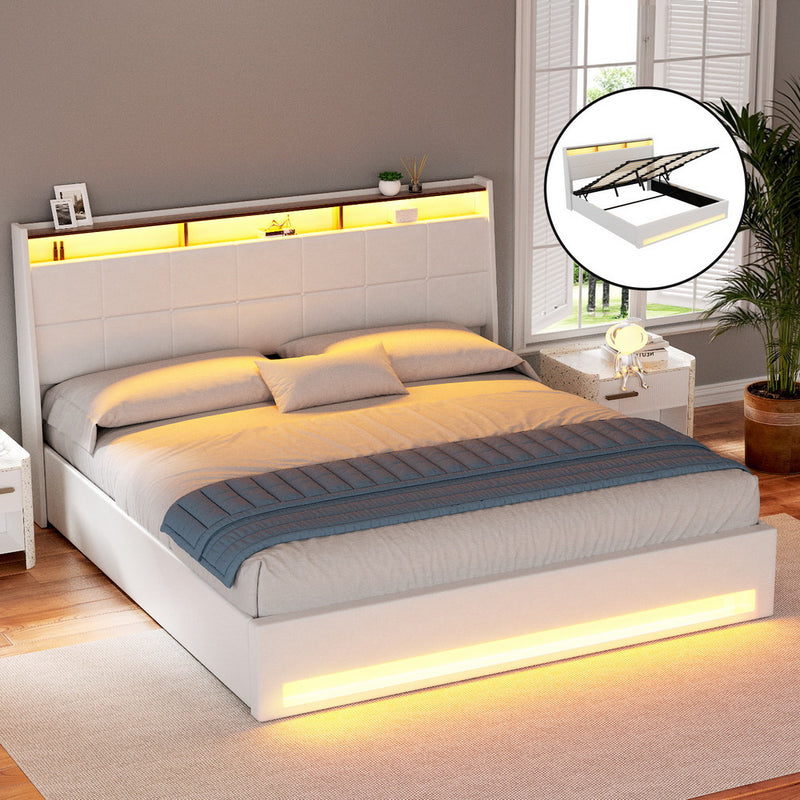 KING Size - Gas Lift LED Leather Bed Frame - White
