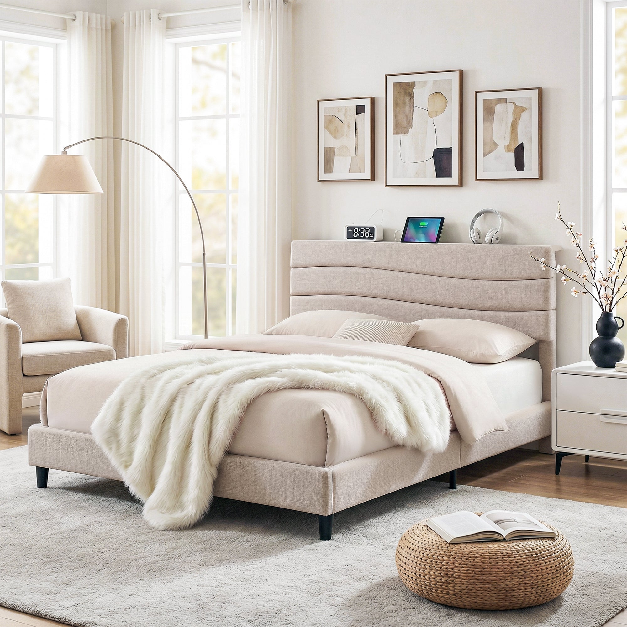 Nova Bed Frame with Storage Adjustable Headboard Platform Base Linen Fabric Charging Ports – Queen