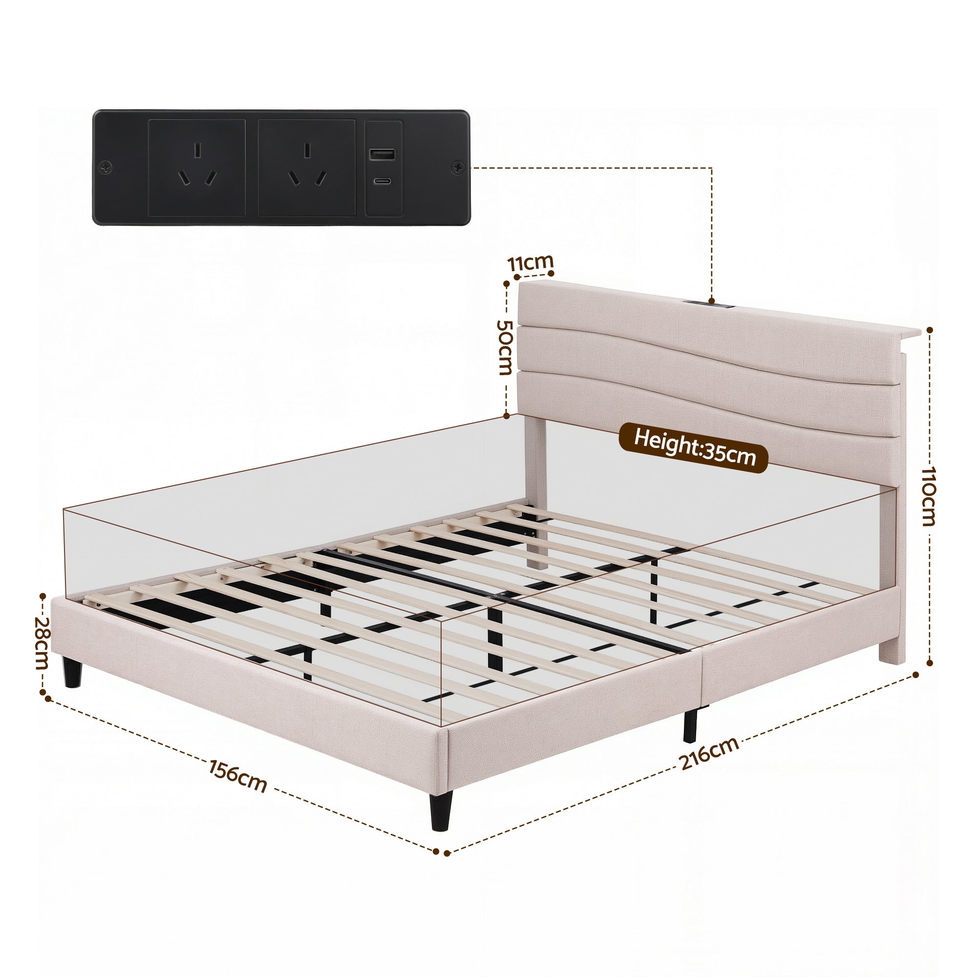 Nova Storage Bed Frame with Charging Station – Beige – Queen