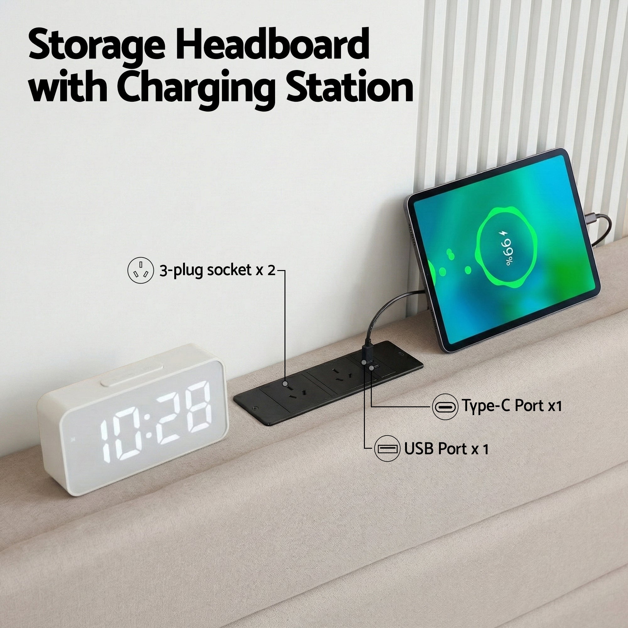 Nova Storage Bed Frame with Charging Station – Beige – Queen