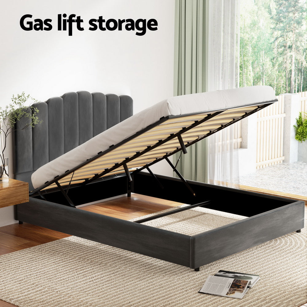 Fion Velvet Gas Lift Bed Frame – Grey – Double