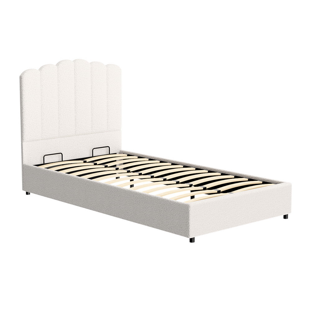 Fiora Bouclé Gas Lift Bed Frame – Beige – King Single