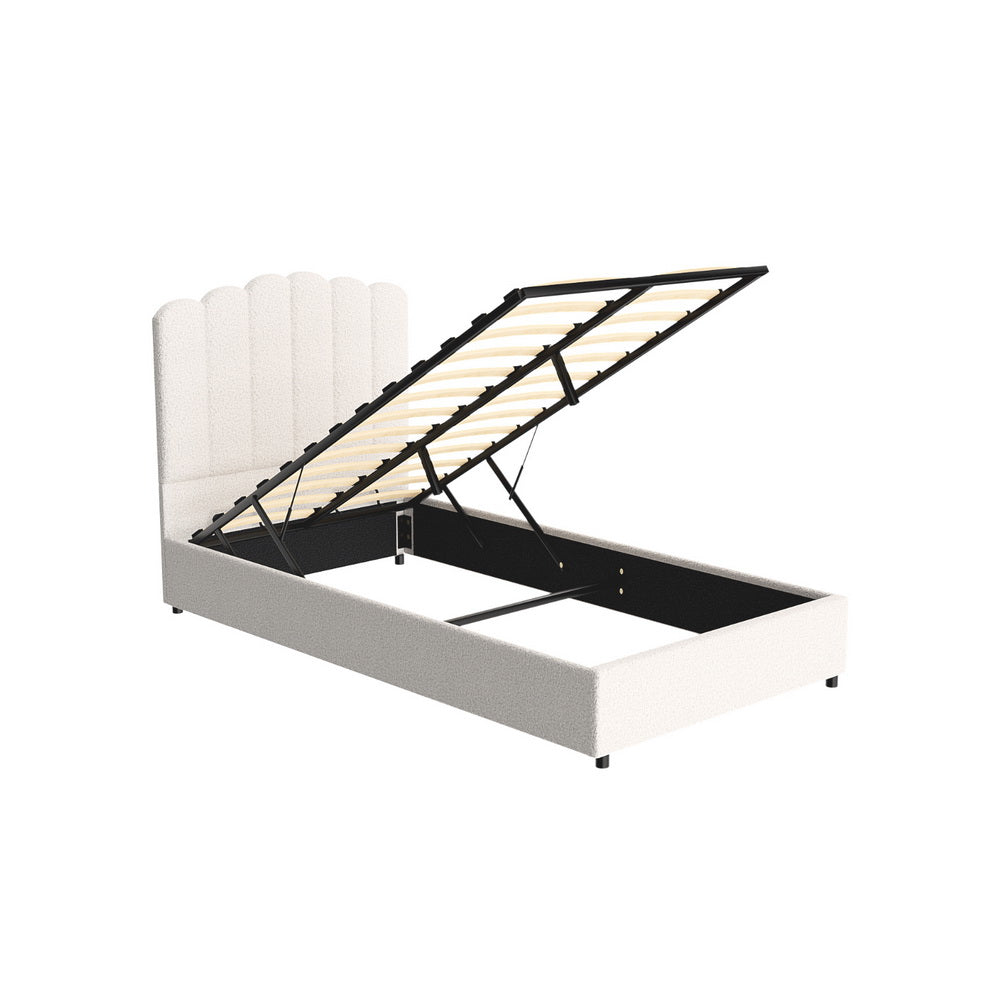 Fiora Bouclé Gas Lift Bed Frame – Beige – King Single