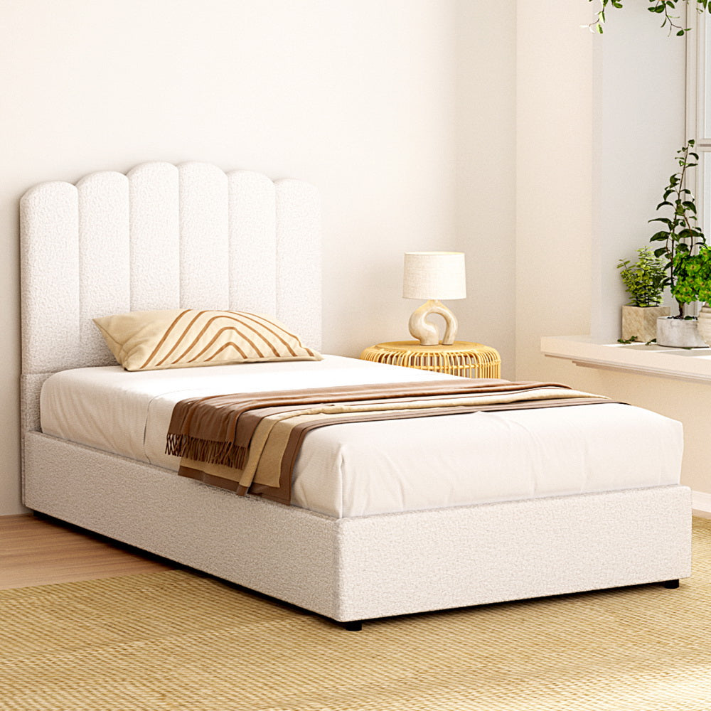 Fiora Bouclé Gas Lift Bed Frame – Beige – King Single