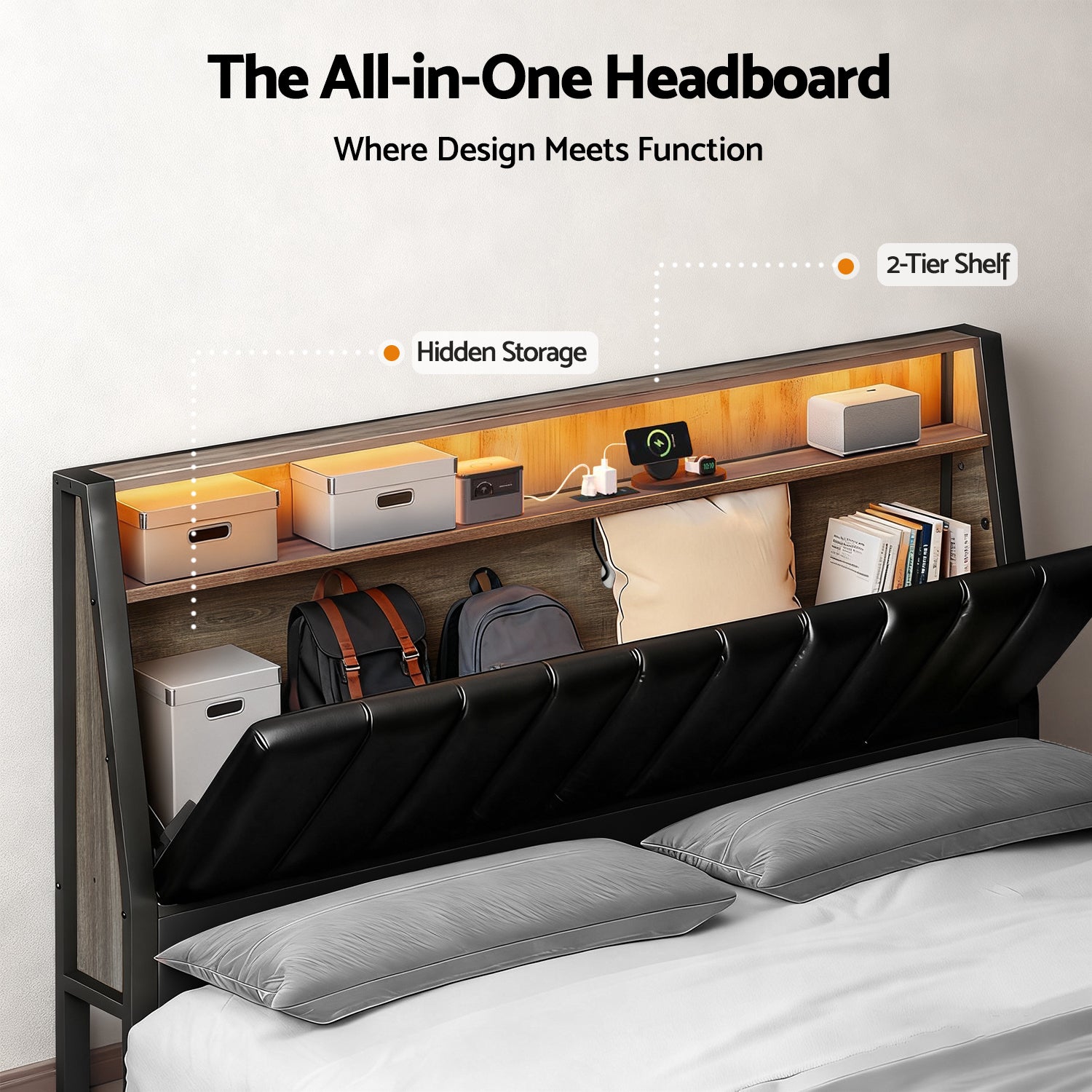 Jina LED Storage Bed Frame – Black – Queen