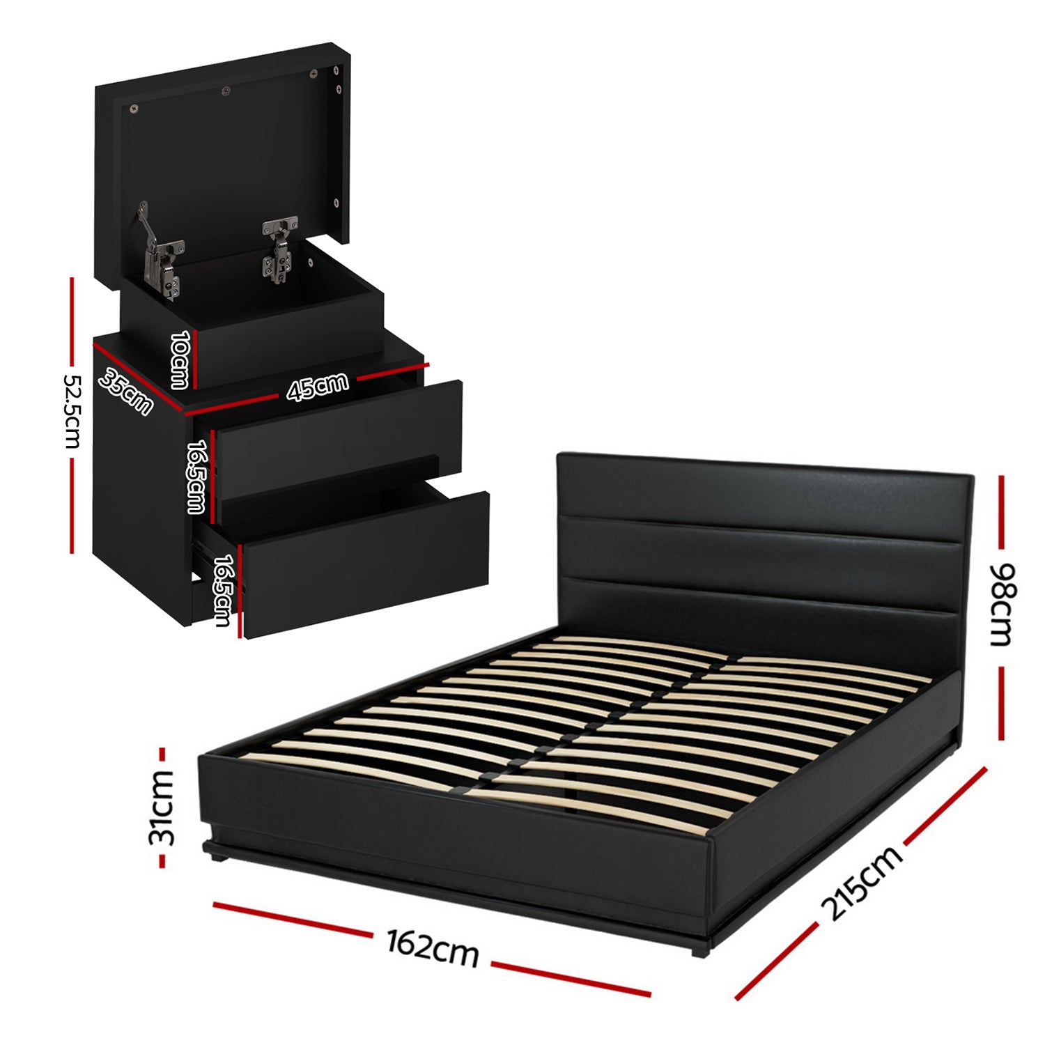 Lumina LED Bed Frame with Bedside Tables – Black – Queen