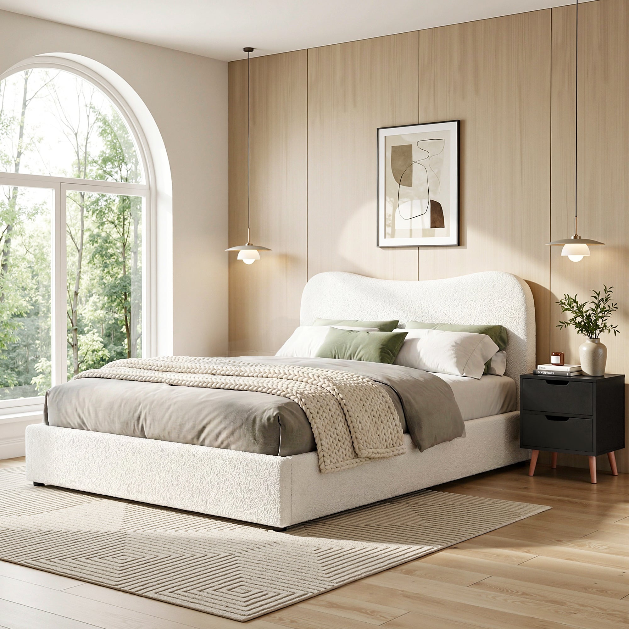 Nova Bed Frame and Bedside Table Set Boucle Beige with Headboard Black Nightstand – Double