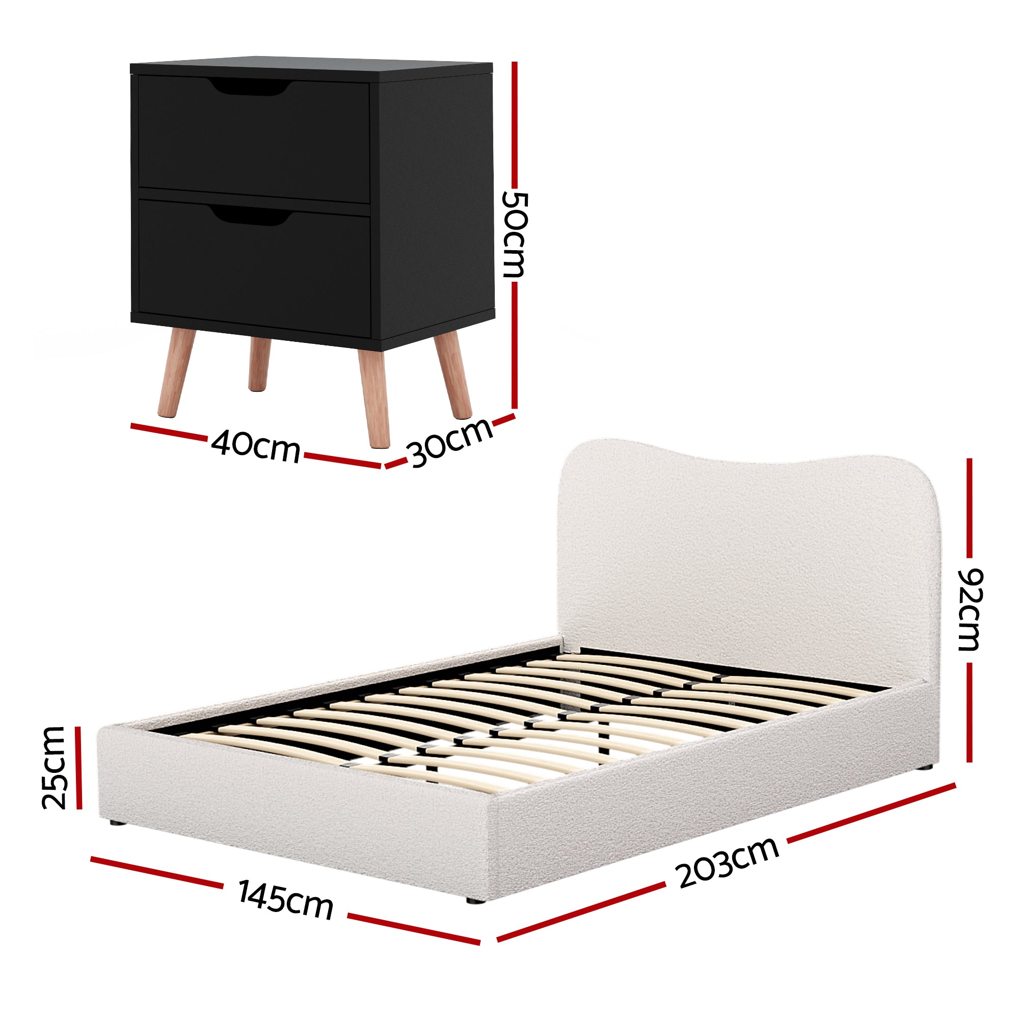 Dara Bed Frame & Bedside Table Set – Beige & Black – Double