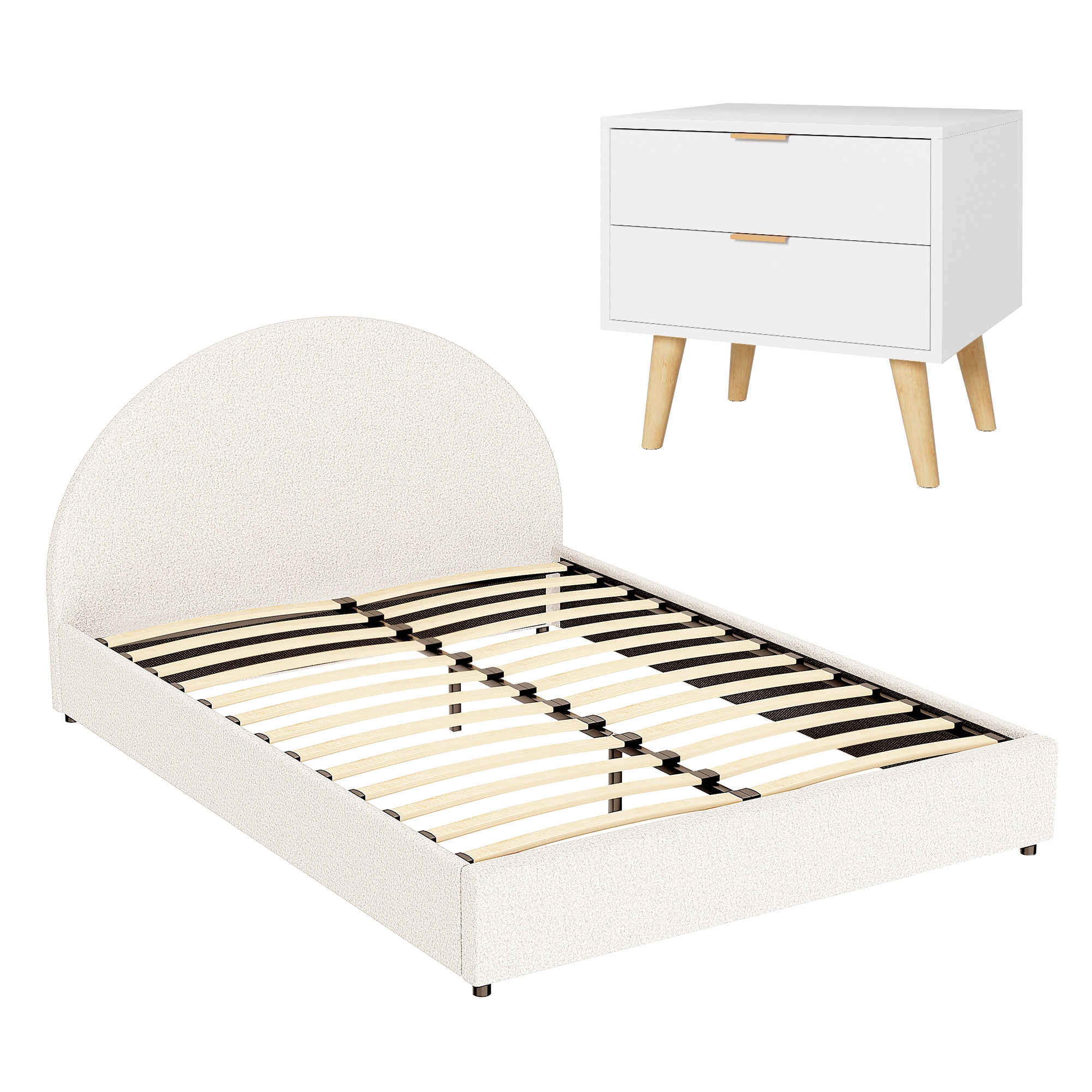Nova Bed Frame Bedside Table Set Gas Lift Storage Base with Boucle Fabric Upholstered Headboard 2 Drawer Nightstand for Bedroom Furniture – Queen