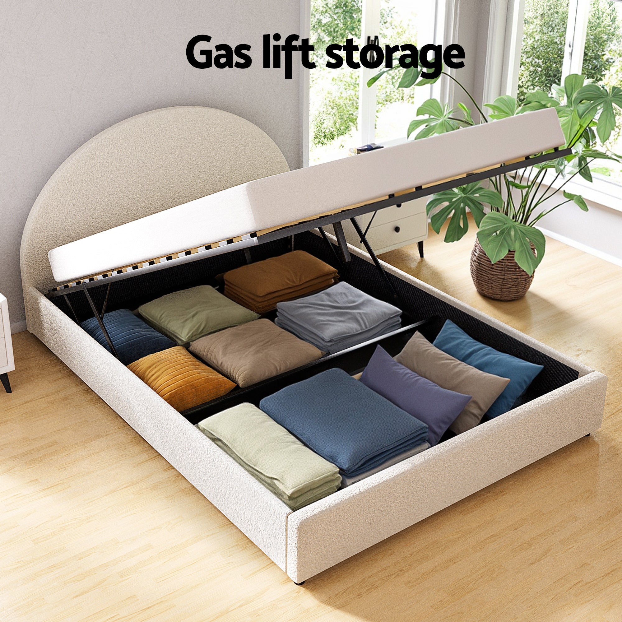 Ella Gas Lift Bed Frame & Bedside Table Set – Beige – Queen