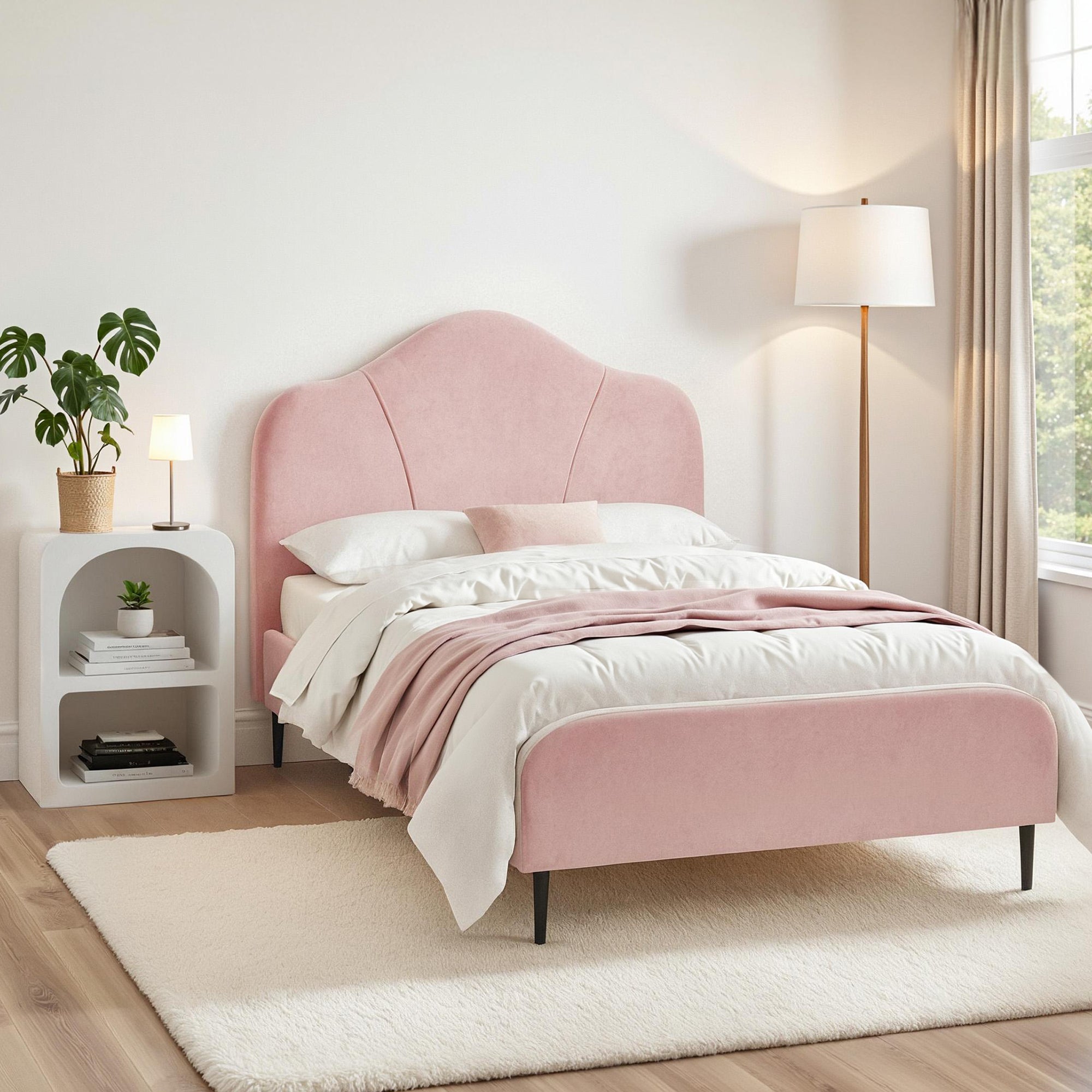 Arlo Storage Bed Frame Velvet with Bedside Table Pink – King Single