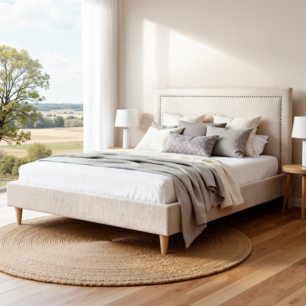 Nova Bed Frame Platform Bed Base Upholstered Headboard Linen Fabric Beige – Queen