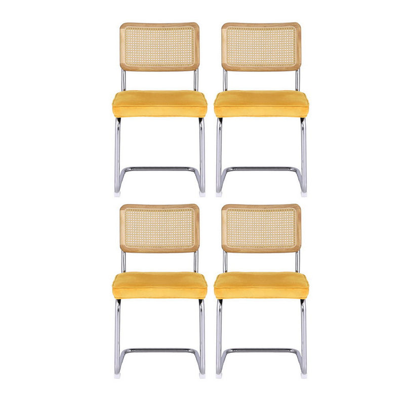 4 x Cantilever Dining Chairs – Velvet Rattan, Yellow