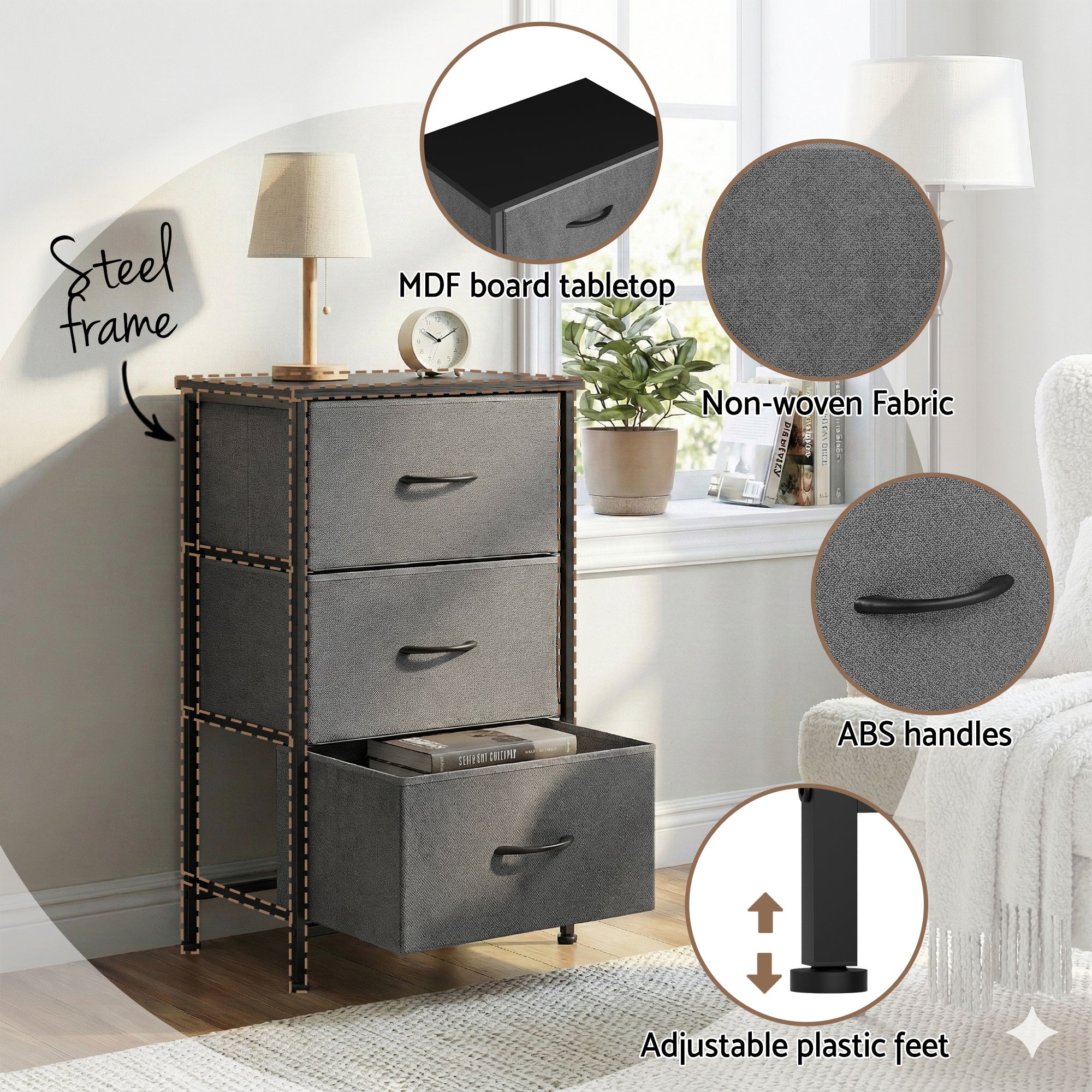 Alderon 3-Drawer Storage Chest – Grey