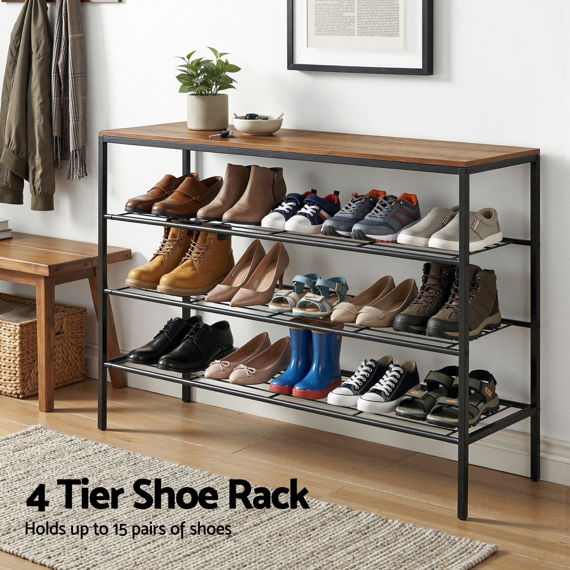 Hudson 4-Tier Shoe Rack – Walnut