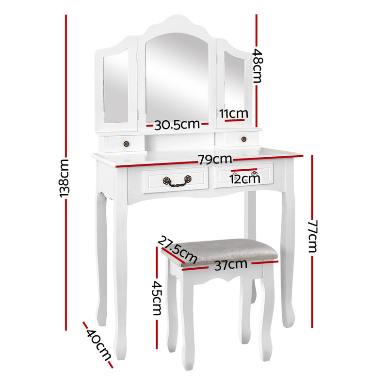 Dressing Table & Stool Set w/Foldable Mirror - White