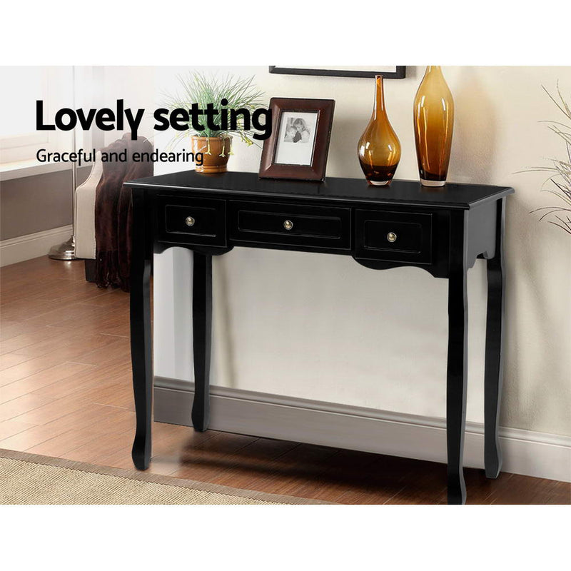 Hamptons Style Console Table with 3 Drawers - Black