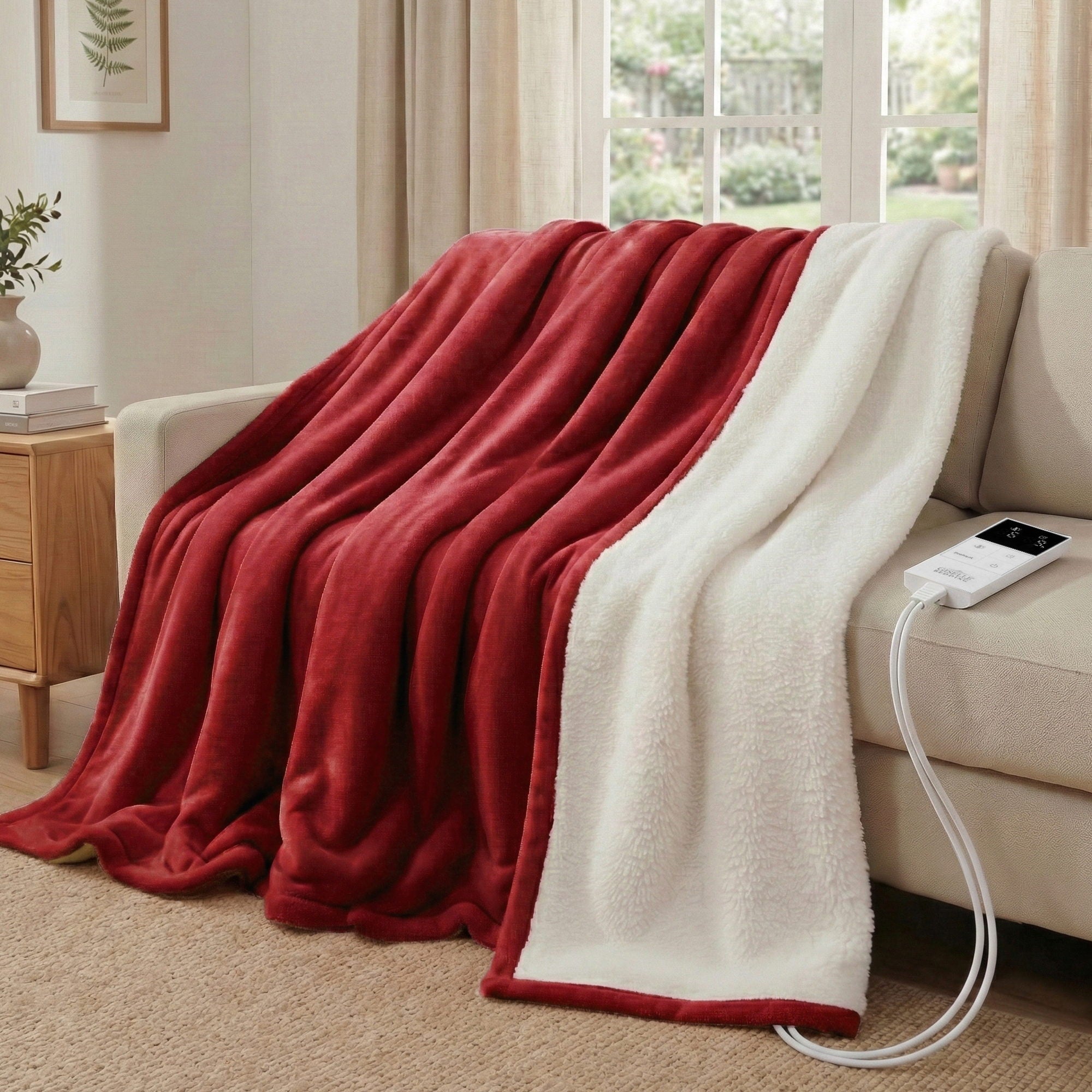 Giselle Electric Throw Rug Fleece Flannel Heated Blanket Burgundy – Double