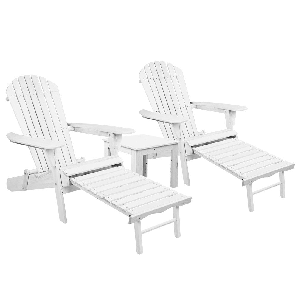 Nova 3PC Adirondack Outdoor Table and Chairs Wooden Sun Lounge Beach Patio White