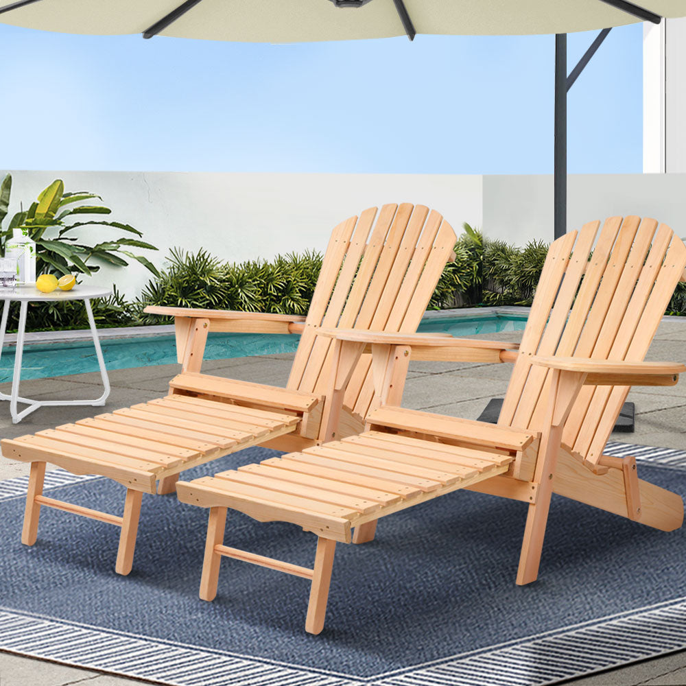 Nova 2PC Adirondack Outdoor Chairs Wooden Sun Lounge Patio Furniture Garden Natural