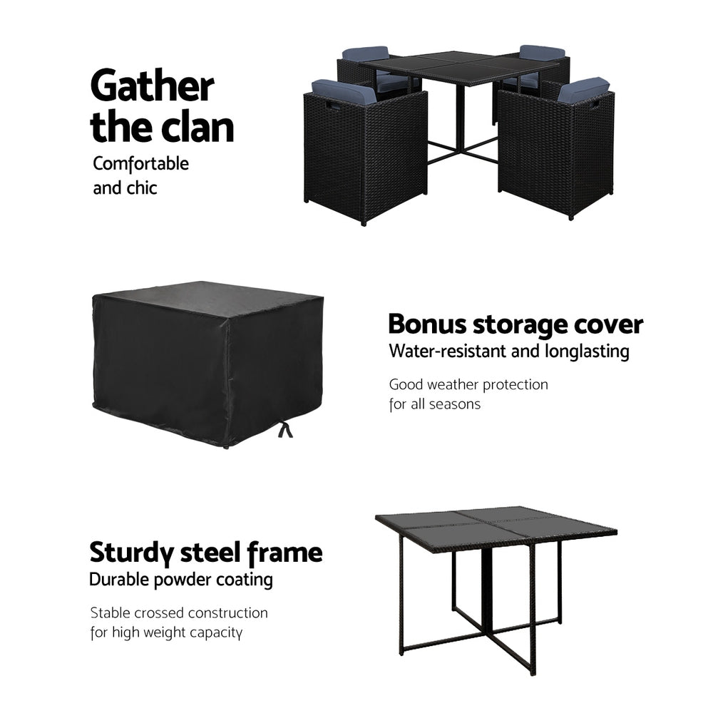 Alderon 5-Piece Outdoor Wicker Dining Set – Black – 5 Seaters