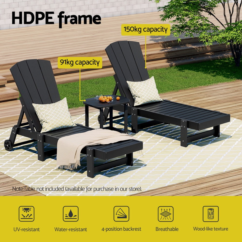 Marina HDPE Outdoor Lounger Set – Black – 3 Piece