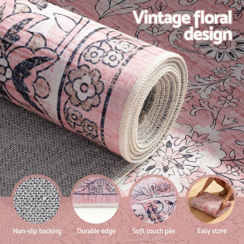 Adaline Vintage Floral Washable Rug – Pink – 240 × 340 cm